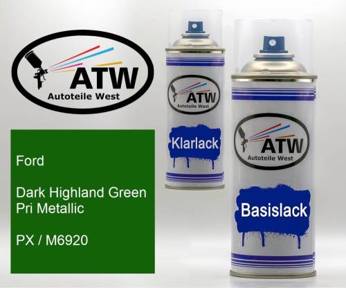 Ford, Dark Highland Green Pri Metallic, PX / M6920: 400ml Sprühdose + 400ml Klarlack - Set, von ATW Autoteile West.